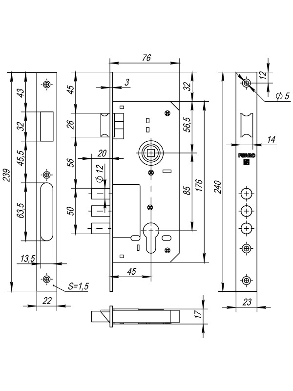 Корпус Fuaro (Фуаро) врезного замка с защёлкой DD900/C-45.85.3MR (900 3MR W/B) PB латунь