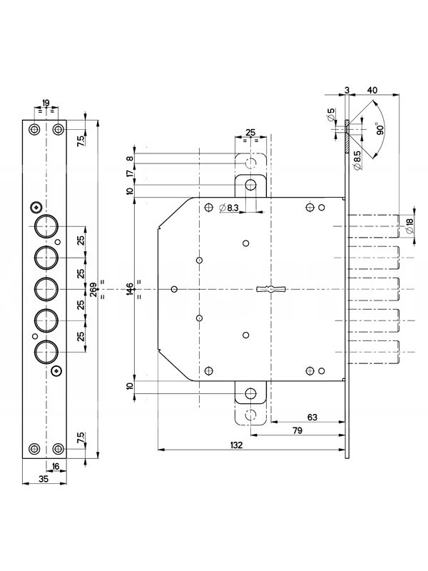 Замок Mottura (Моттура) врезной сувальдный 50.798-D (правый), ключ 40 мм, без накл.