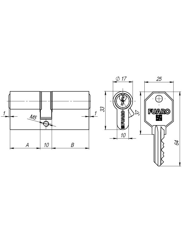 Цилиндровый Fuaro (Фуаро) механизм 100 CA 90 mm (40+10+40) CP хром 3 кл.