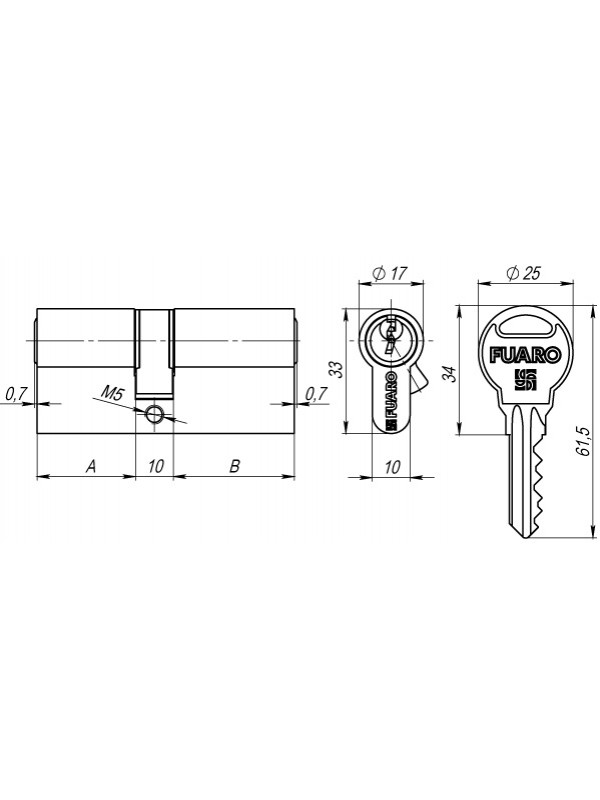Цилиндровый Fuaro (Фуаро) механизм R300/60 mm-BL (25+10+25) AB бронза 5 кл. БЛИСТЕР