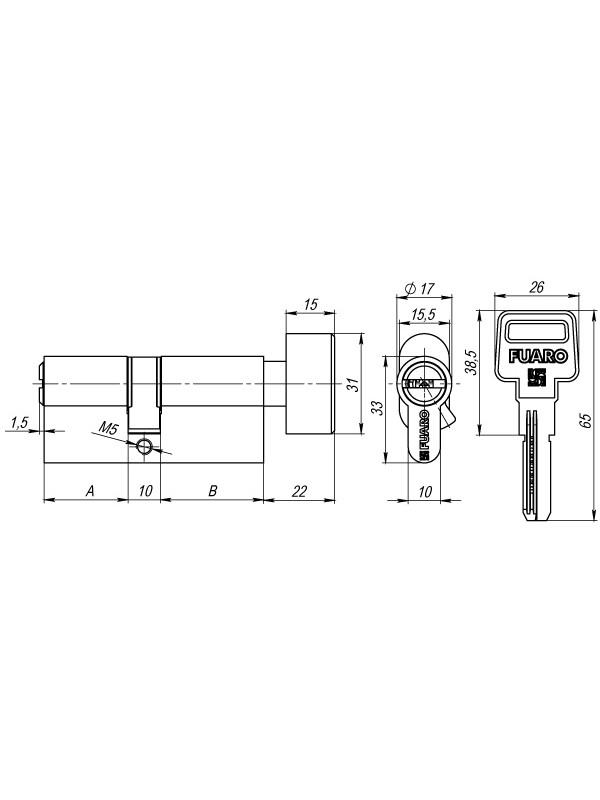 Цилиндровый Fuaro (Фуаро) механизм (R602/60) R6002Knob60(25+10+25) AB бронза 5Key с вертушкой