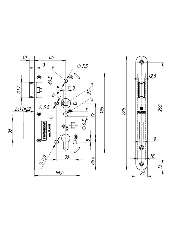 Корпус Fuaro (Фуаро) врезного замка c защёлкой FP.C-65.72-0434 (FL-0434)