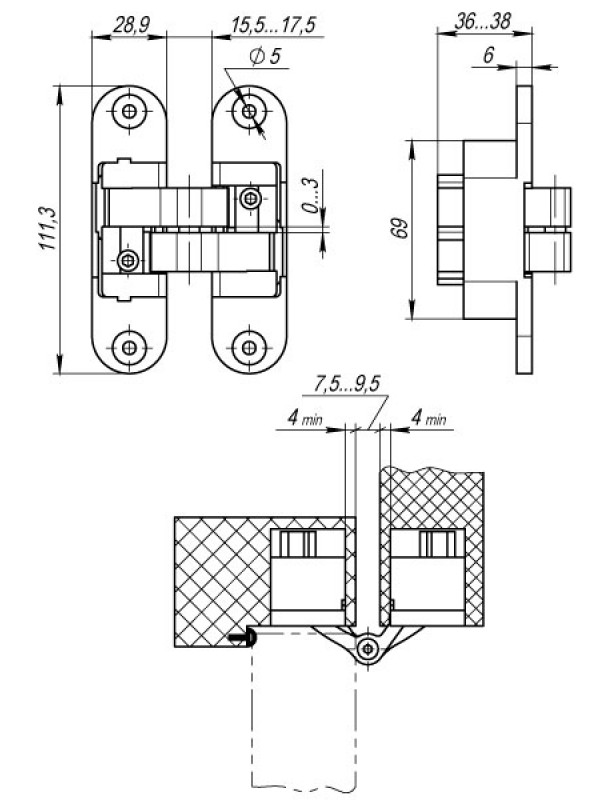 Петля Armadillo (Армадилло) скрытой установки U3D6200L SN левая (Architect 3D-ACH 60) мат. никель 60 кг