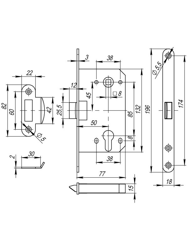 Корпус Fuaro (Фуаро) врезного замка c защёлкой PLASTP85C-50 (P85C-50) GP латунь