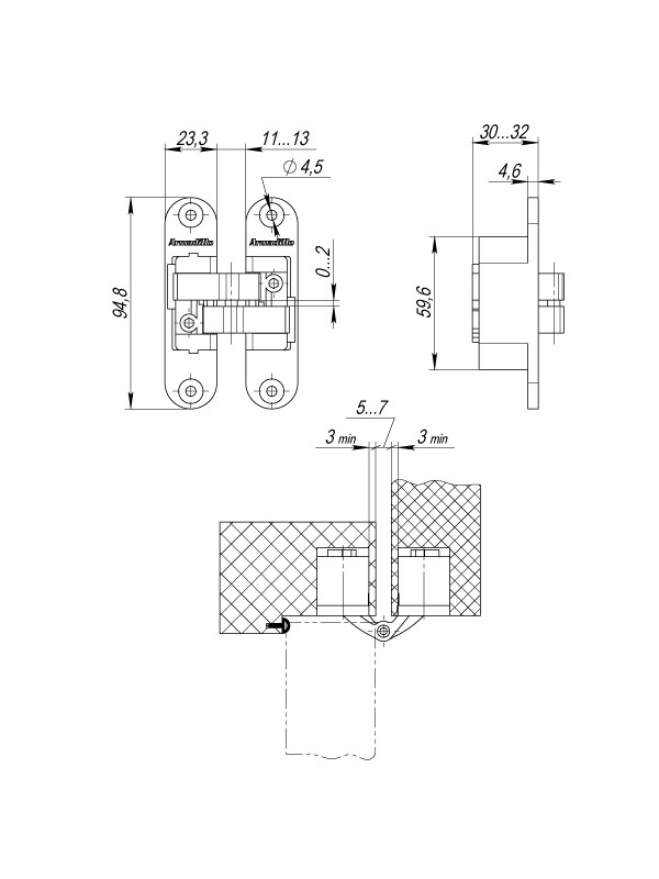 Петля Armadillo (Армадилло) скрытой установки U3D4200L CP левая (Architect 3D-ACH 40) хром 40 кг