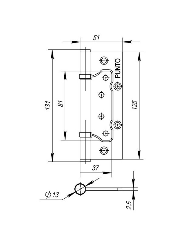 Петля Punto (Пунто) универсальная без врезки IN5200W AC (200-2B 125x2,5) медь