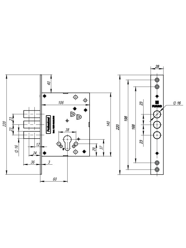 Корпус Fuaro (Фуаро) врезного замка MDV25/C-60.00.3R16