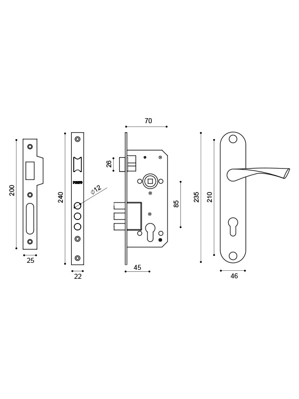 Замок Punto (Пунто) цилиндровый в комплекте с ручкой LOCKSET90.CRONA.4585-3 (KIT P90 4585/3 CRONA) SN мат.никель
