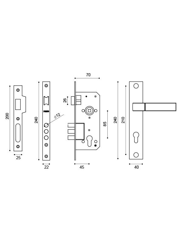 Замок цилиндровый Punto (Пунто) с ручкой LOCKSET90.ORION.4585-3 (KIT P90 4585/3 ORION) SN/CP мат.никель/хром