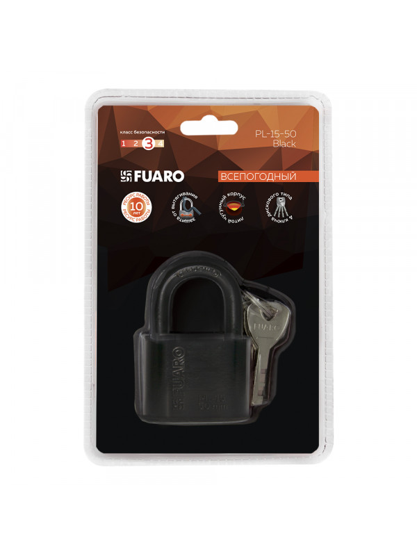 Замок Fuaro (Фуаро) навесной PL-WEATHER-1550 Black 4 fin key ( PL-15-50) диск. /блистер