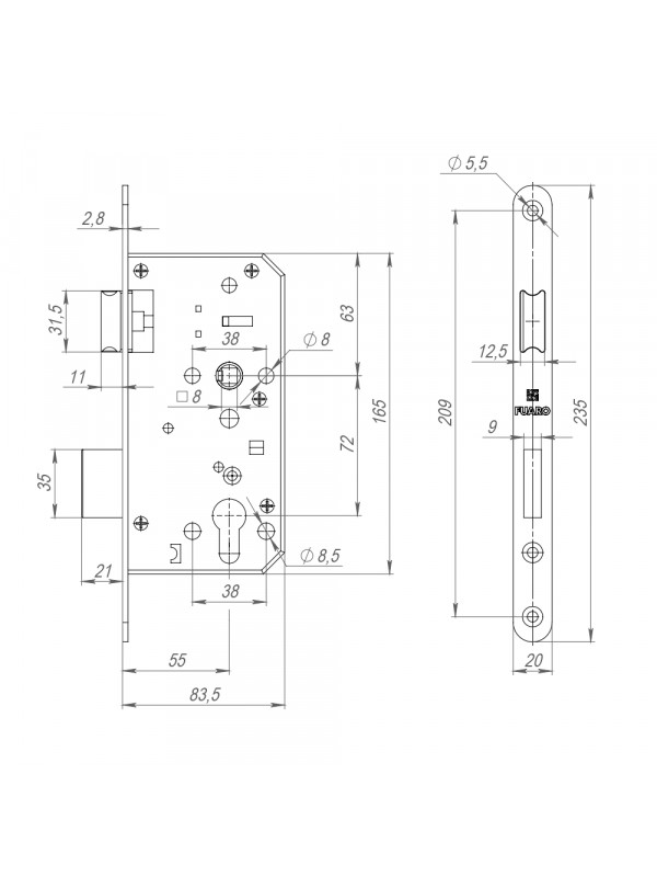 Замок Fuaro (Фуаро) врезной DD.INOX/C-55.72