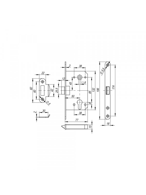 Корпус Fuaro (Фуаро) врезного замка c защёлкой PLASTP85C-50 (P85C-50) SSC сатинированный хром