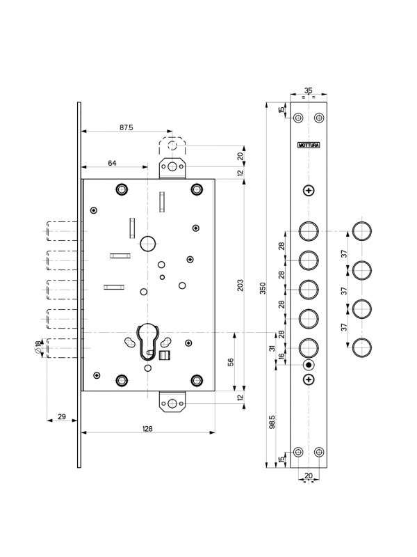 Корпус Mottura (Моттура) врезного замка 82.525W800B
