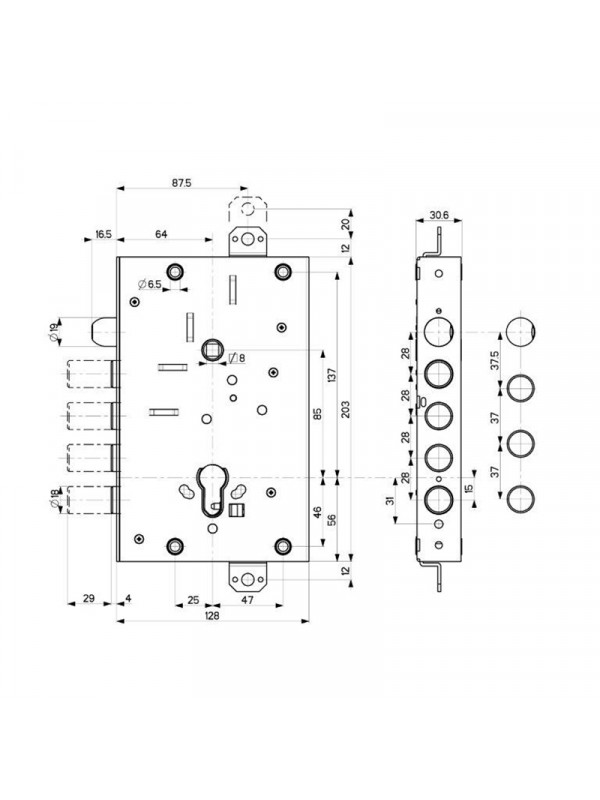 Корпус Mottura (Моттура) врезного замка с защёлкой 82.515W800B Универсальный